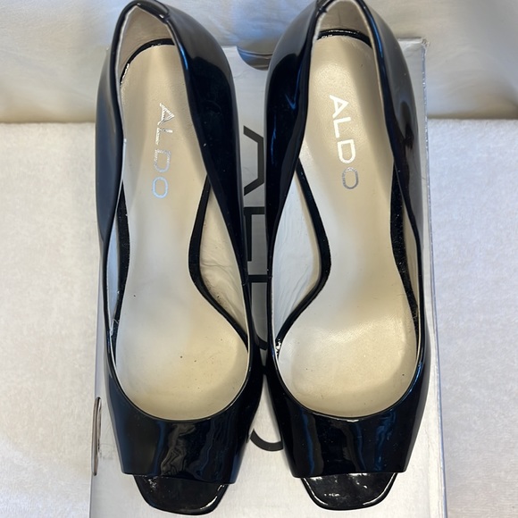 EUC Aldo Size 7/ 37 Javea Black patent lucite wedge heels - Picture 14 of 16